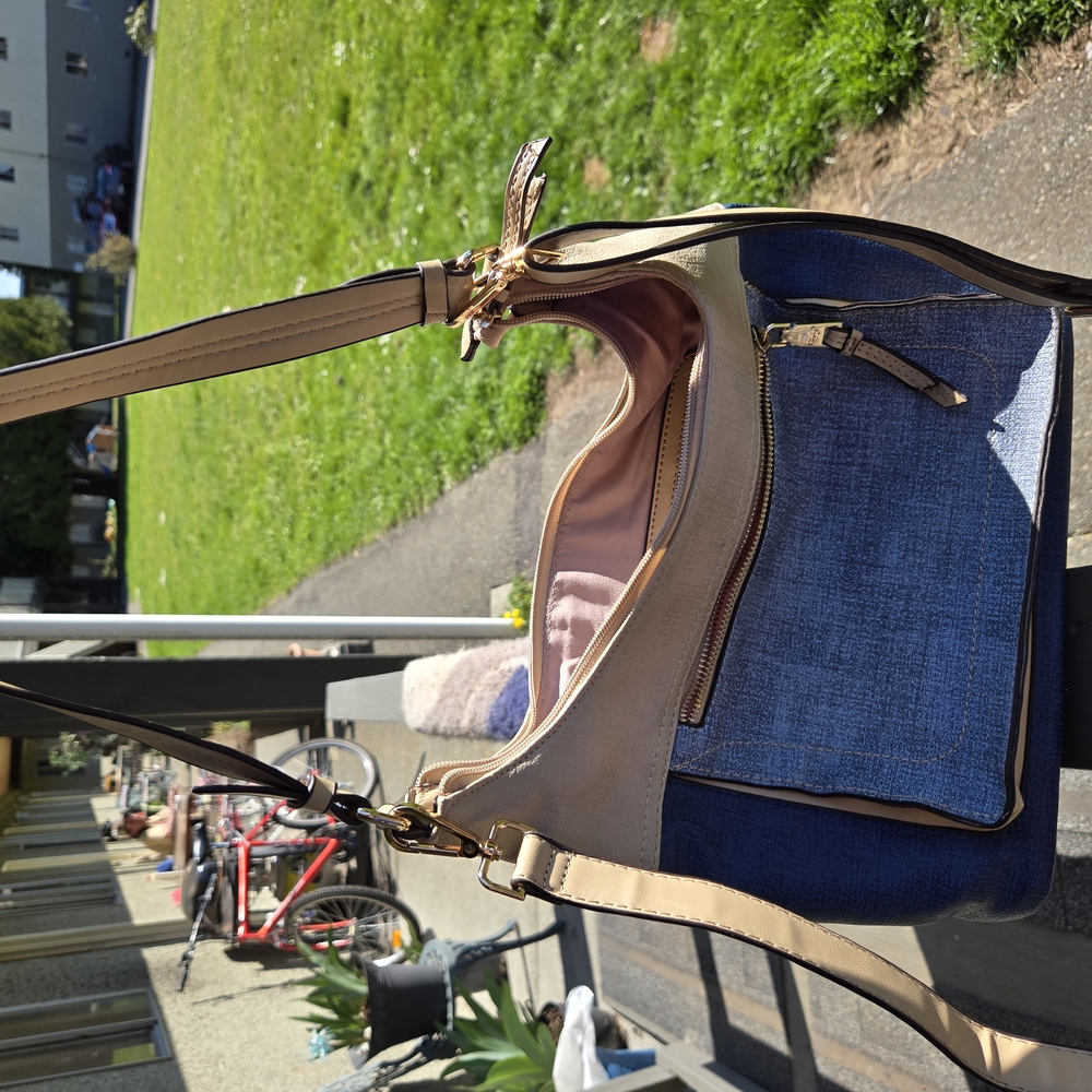 Stylish Blue and Beige Shoulder Bag
